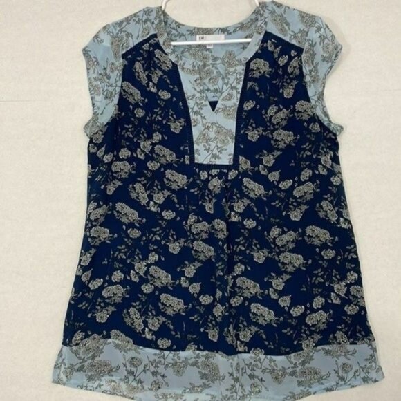 DR2 Tops - DR2 Top, Cap Sleeve Blouse, Layered Chiffon, Split Neck, Floral Blue, Medium
